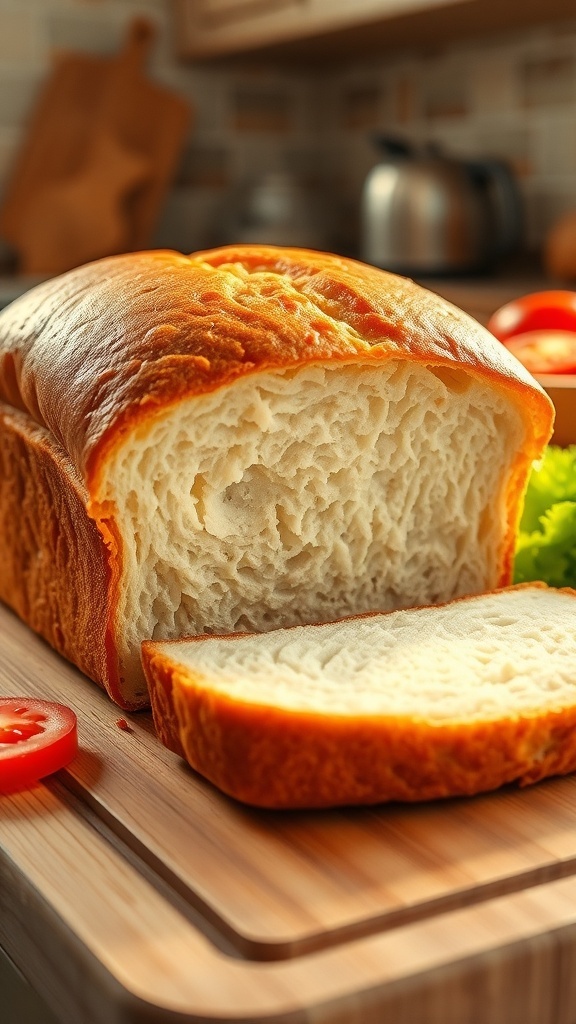 Freshly baked sandwich bread loaf sliced on a wooden board with vegetables.